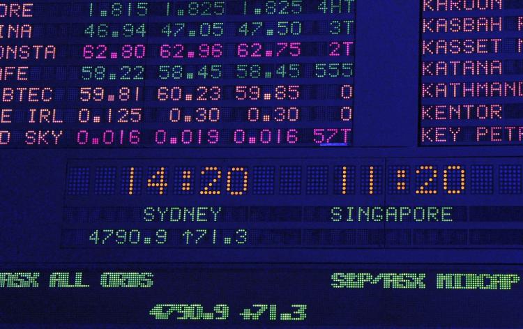 The All Ordinaries share index soars over 70 points at the Australian Stock Exchange (ASX) in Sydney on October 25, 2010. (Torsten Blackwood/AFP/Getty Images)