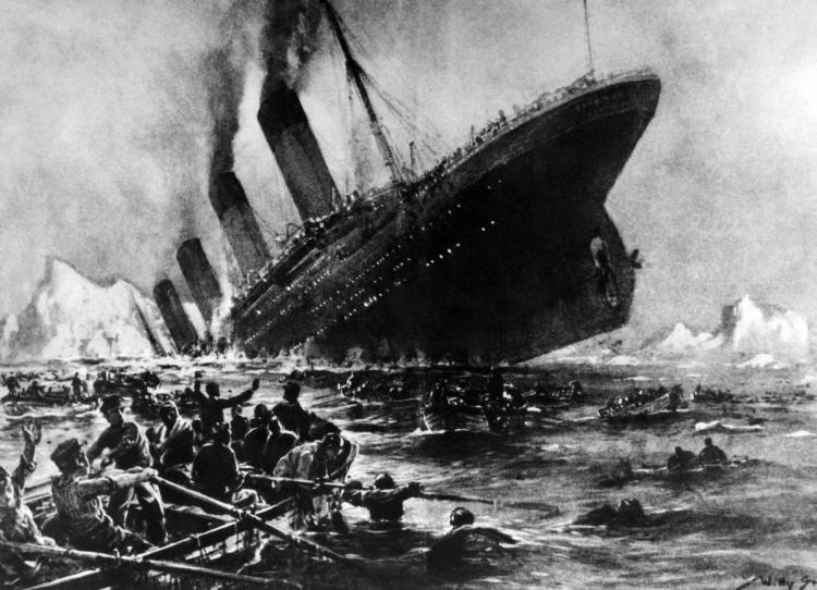 UPDATED FACTS: Undated artist impression showing the 14 April 1912 shipwreck of the British luxury passenger liner Titanic during its maiden voyage. Now it is revealed that the Titanic struck the iceberg due to a steering blunder.  (AFP/Getty Images)