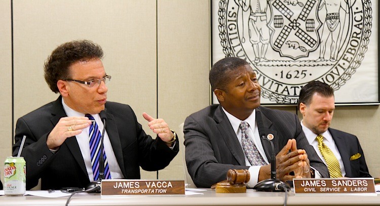 Council members James Sanders and James Vacca Co-chair a hearing on transportation workers safety at City Hall on Monday. (Zack Stieber/The Epoch Times)