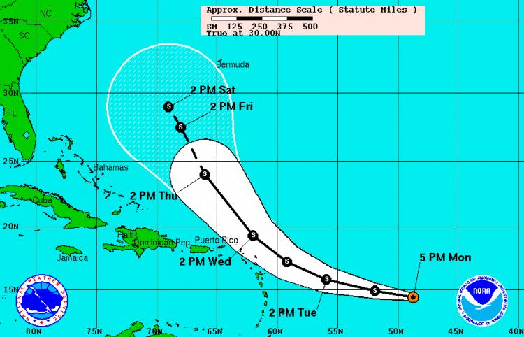 Tropical Storm Fiona is forecast to pass near or just to the northeast of the northern Leeward Islands by early Wednesday.  (NOAA)