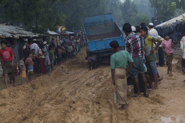 truck is stuck in the mud created by severe rain at Lombashia Camp in Coxâs Bazar, Bangladesh, on May 18, 2019. (Aungmakhai Chak/DEC)