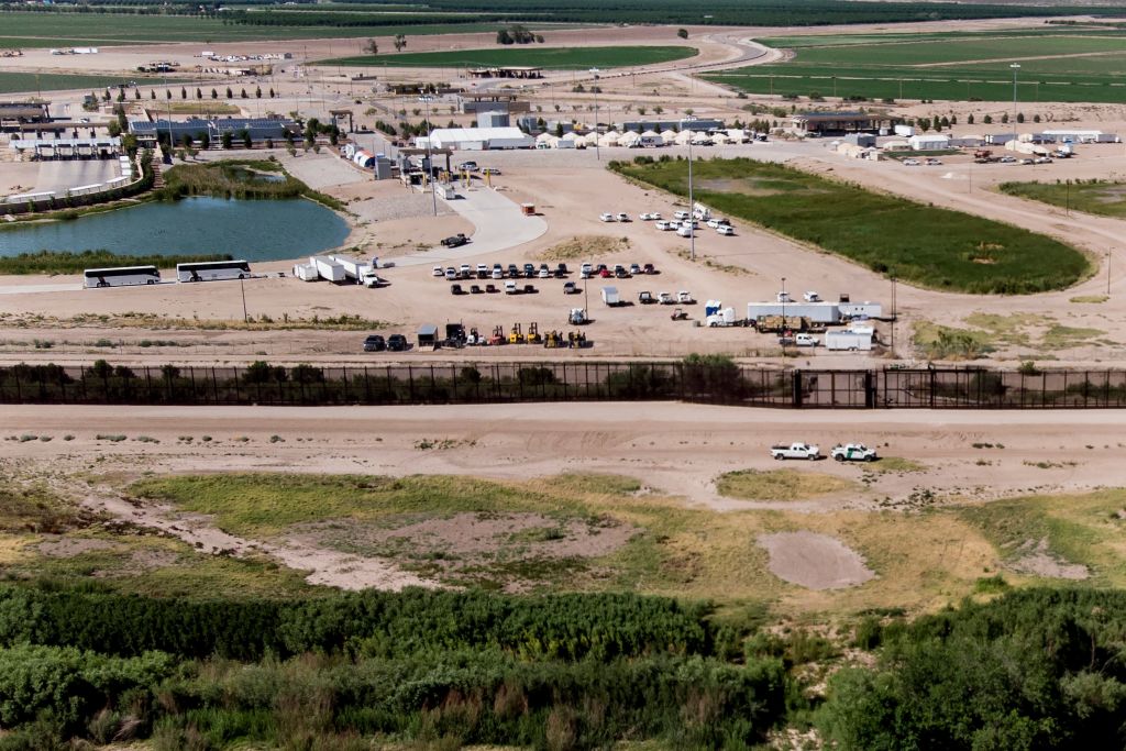 Tornillo shelter in Texas seen from Mexico