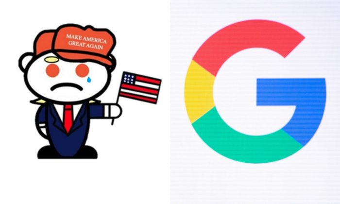 L: Illustration of a Reddit mascot fashioned as a supporter of President Donald Trump. (Image via Reddit); R: Google logo on display during the Game Developers Conference at Moscone Center in San Francisco, on March 19, 2019. (Josh Edelson/AFP/Getty Images)