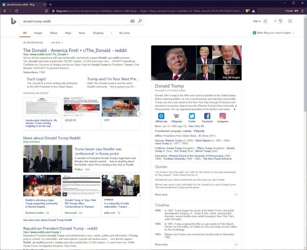 Bing search results for the words "donald trump reddit"