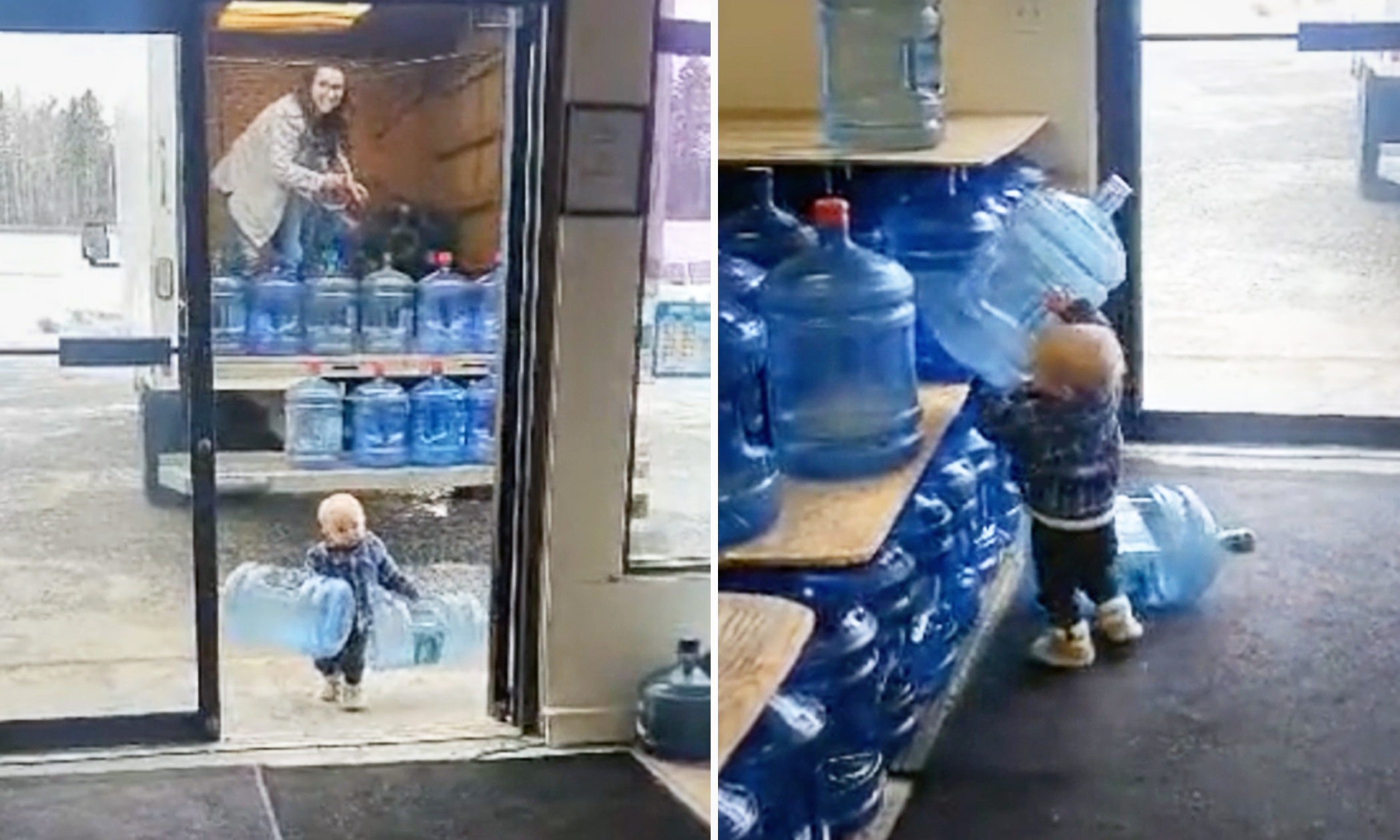 VIDEO: Adorable Toddler Helps Mom Unload Delivery Van by Carrying Empty Water Jugs