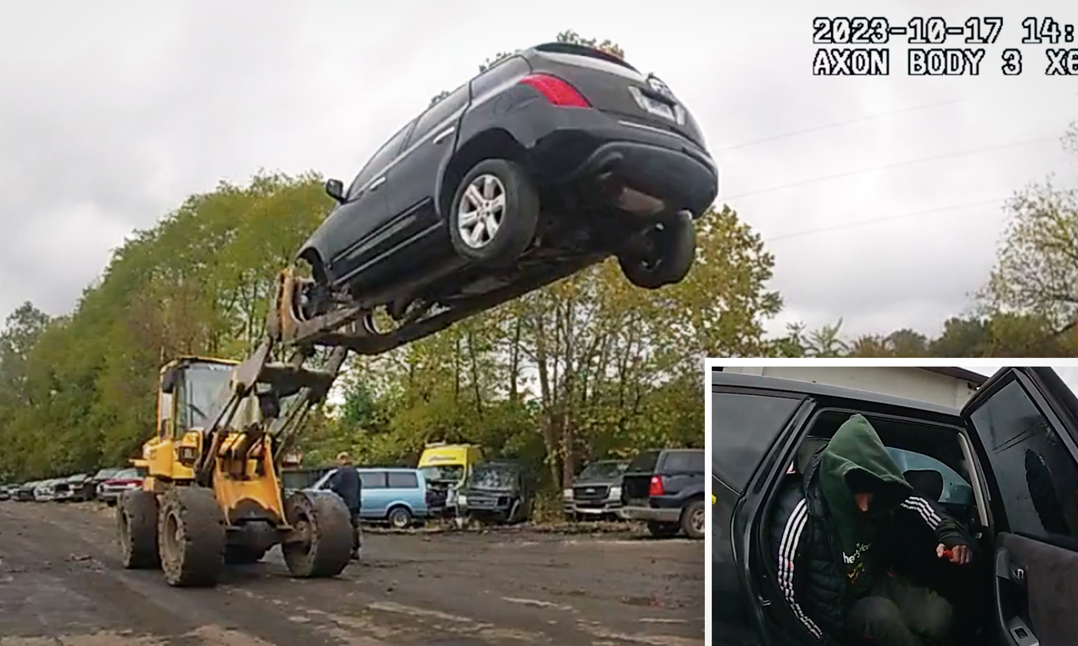 Auto Yard Staff Catch Thief in Car, Use Forklift to Trap Suspect 20 Feet Up, Until Police Arrive