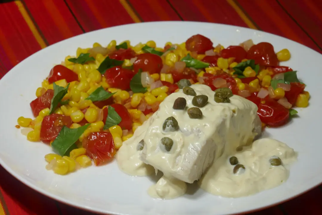 Simple Poached Fish With Caper Sauce and Quick Corn and Tomatoes