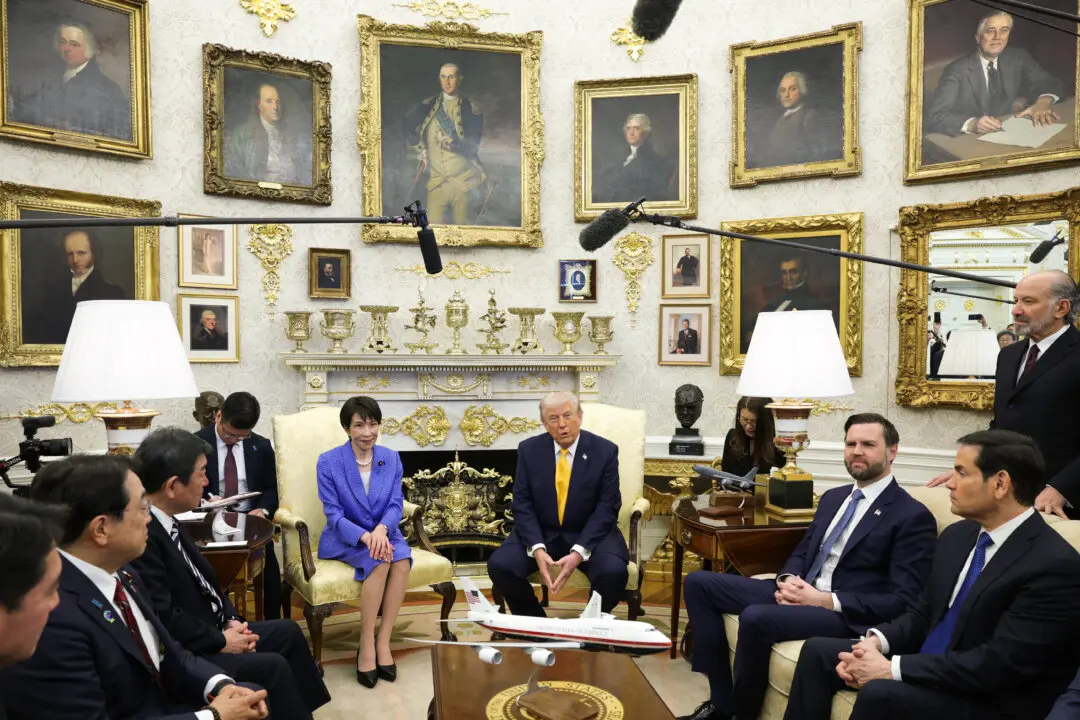 WASHINGTON, DC - MARCH 19: Prime Minister of Japan Sanae Takaichi (L) meets with U.S. President Donald Trump as U.S. Vice President JD Vance (2R), and U.S. Secretary of State Marco Rubio (R), look on during a bilateral meeting in the Oval Office of the White House on March 19, 2026 in Washington, DC. The two leaders are expected to discuss topics including the current conflict in Iran and the threat that is posed by China. (Photo by Alex Wong/Getty Images)