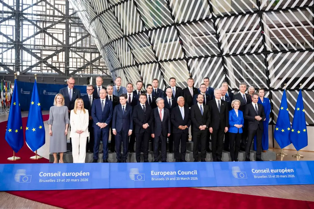 EU leaders and Secretary-General of the United Nations António Guterres (C) pose for a family picture during the EU Summit at the EU headquarters in Brussels, on March 19, 2026. European Union leaders meet in the context of the US-Israeli war against Iran that is consuming the Middle East, and its consequences on energy prices and security. (Photo by JOHN THYS / AFP via Getty Images)